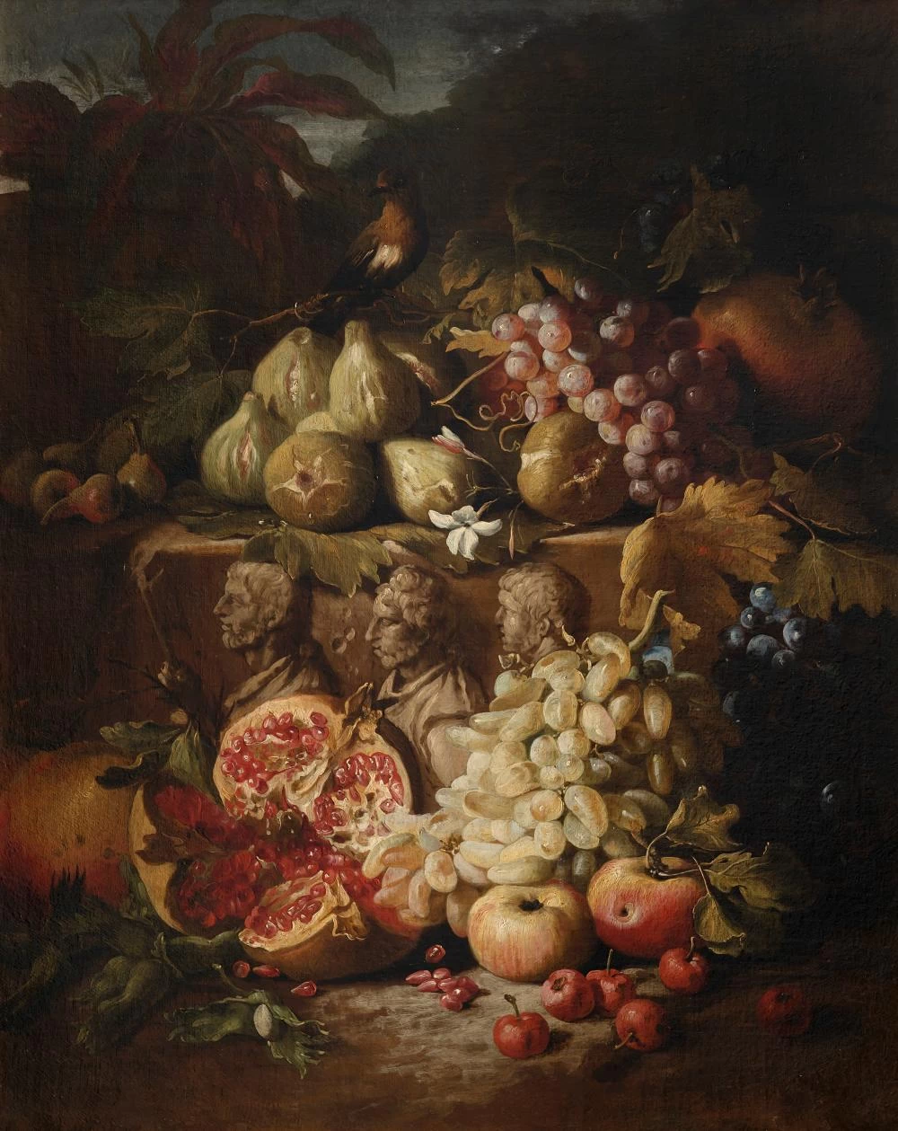 Natura morta con fichi, uva, melograno, mele, ciliegie e rilievo marmoreo